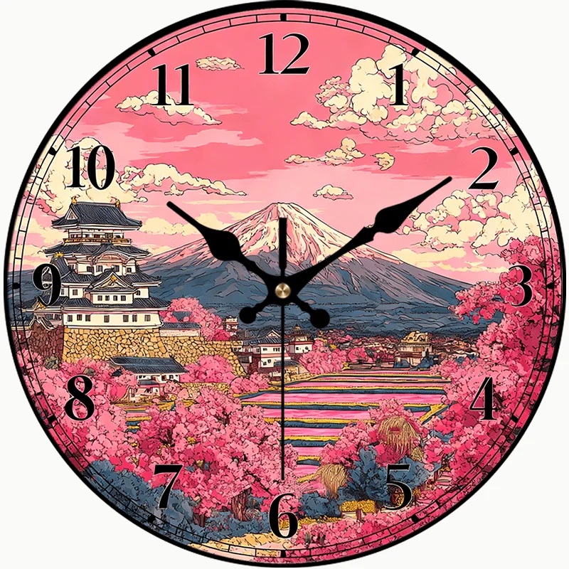 2D Flat. 1pc, Japanese-style PVC Wall Clock with Cherry Blossoms in Full Bloom, Silent Round Clock, Perfect Decoration