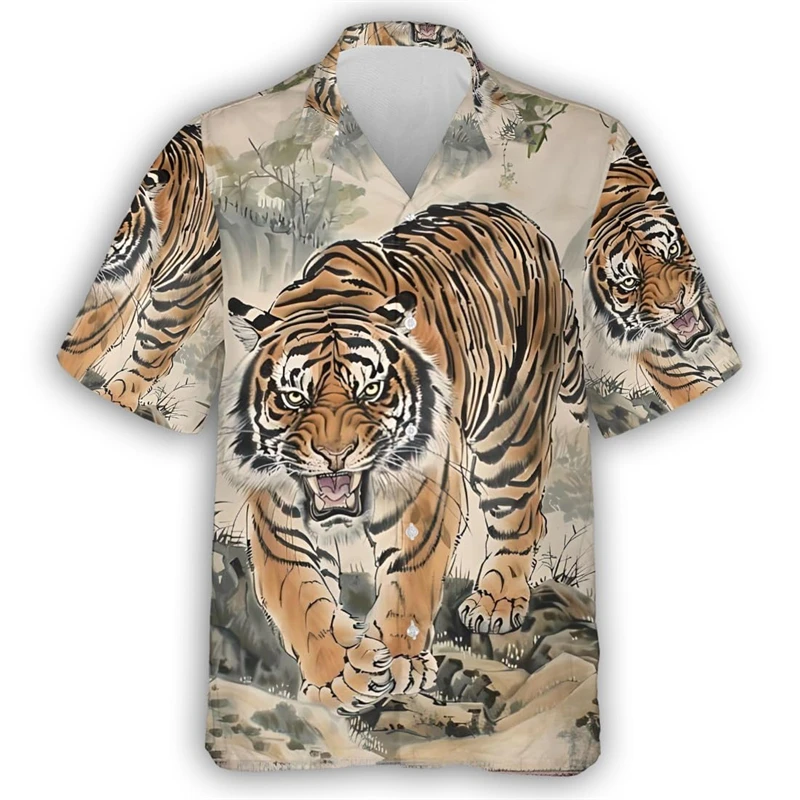 Camisa hawaiana con estampado de tigre en 3D para hombre, camisa informal de manga corta con patrón de bestia feroz, Tops de calle, blusa Unisex