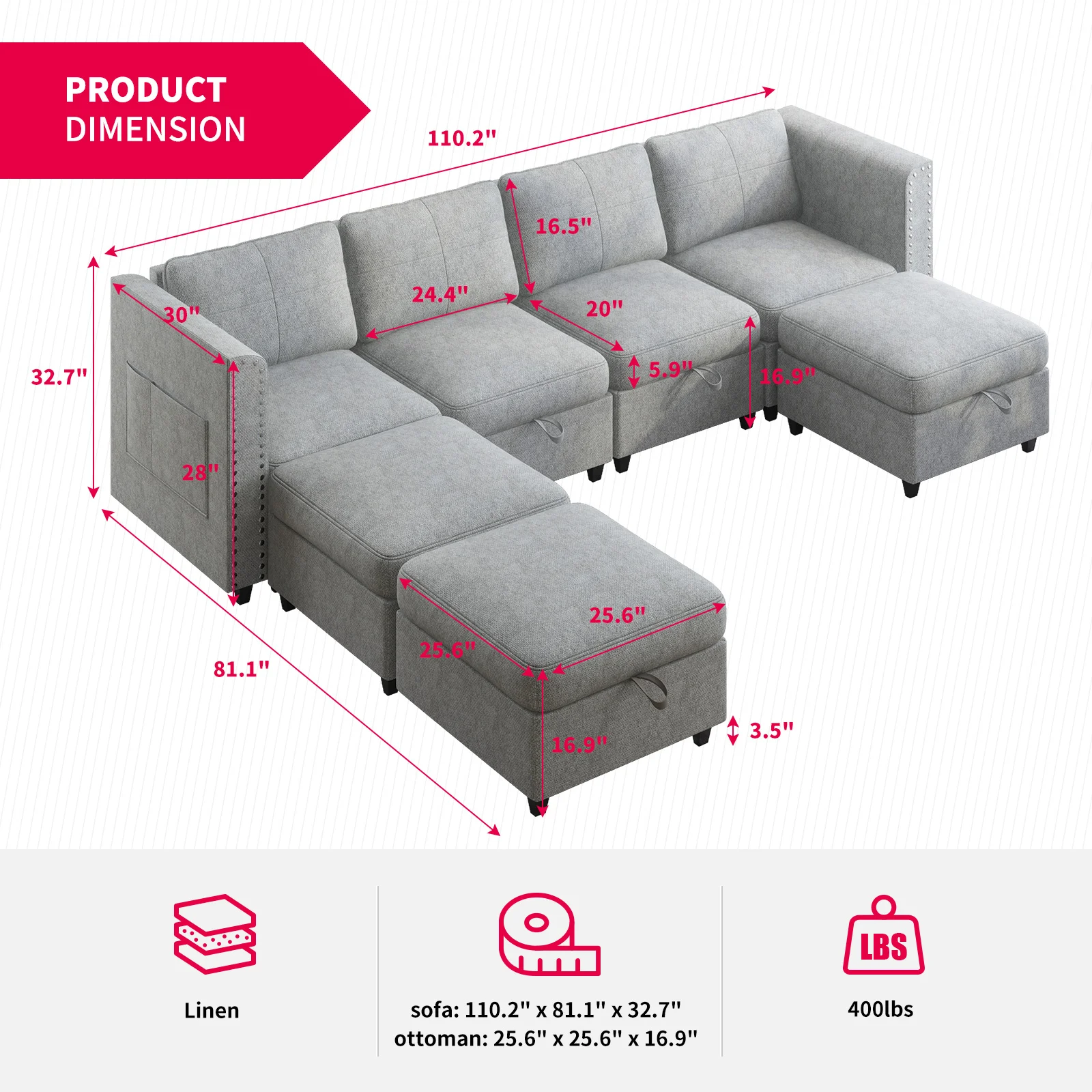 Modular Sectional Sofa with Storage Ottomans, Convertible Sofa Couch with 3 Movable Ottomans, 7 Seater Oversized Sleeper Couch f image 3