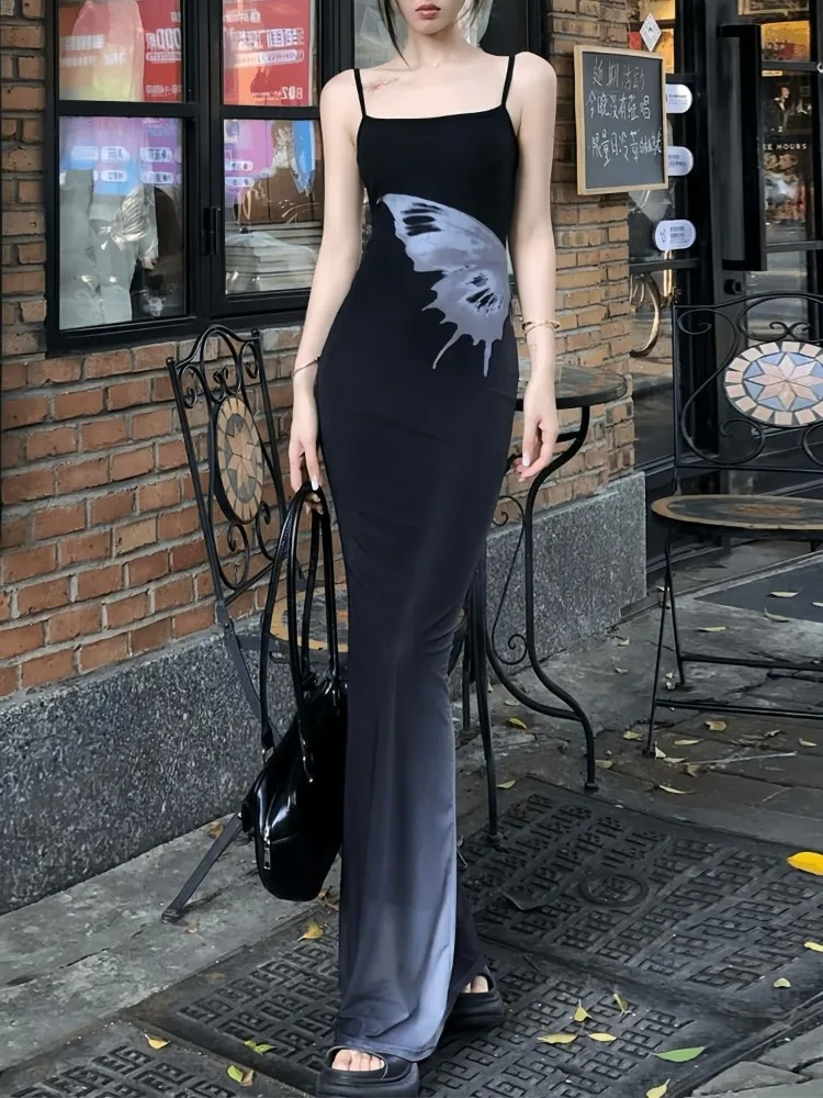 

Y2k Butterfly Print Mesh Camisole Dress for Women Sexy Slim Waist Bodycon Dresses 2025 Summer New Black Vestidos Mujer