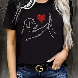 Heart and Dog Graphic Print T-shirt Short Sleeve Crew Neck Casual Top for Summer & Spring Women's Fashion Clothing