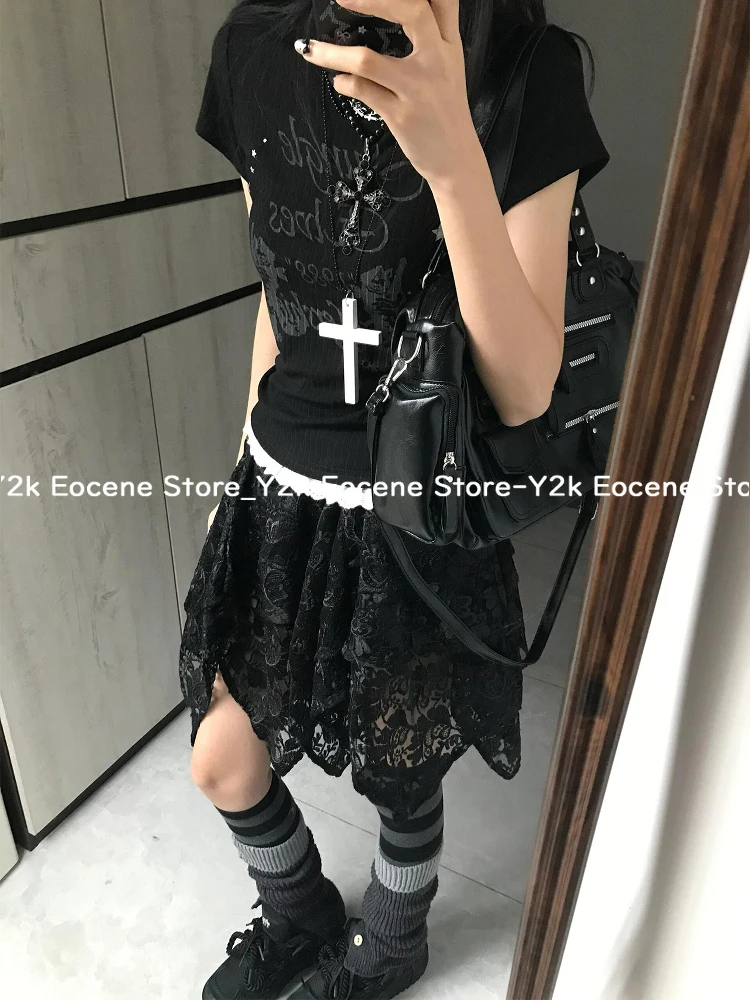 Gótico y2k menina quente magro manga curta topos feminino 2000s high street retro magro camiseta 90s estética novo chique retalhos outfits