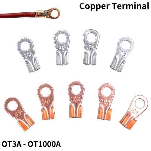 Terminal de alambre de cobre tipo OT, 3A, 5A, 10A, 20A, 30A, 40A, 50A, 60A, 80A, 200A, terminales de nariz desnuda, engarce de boca abierta, empalme de conector de Cable desnudo