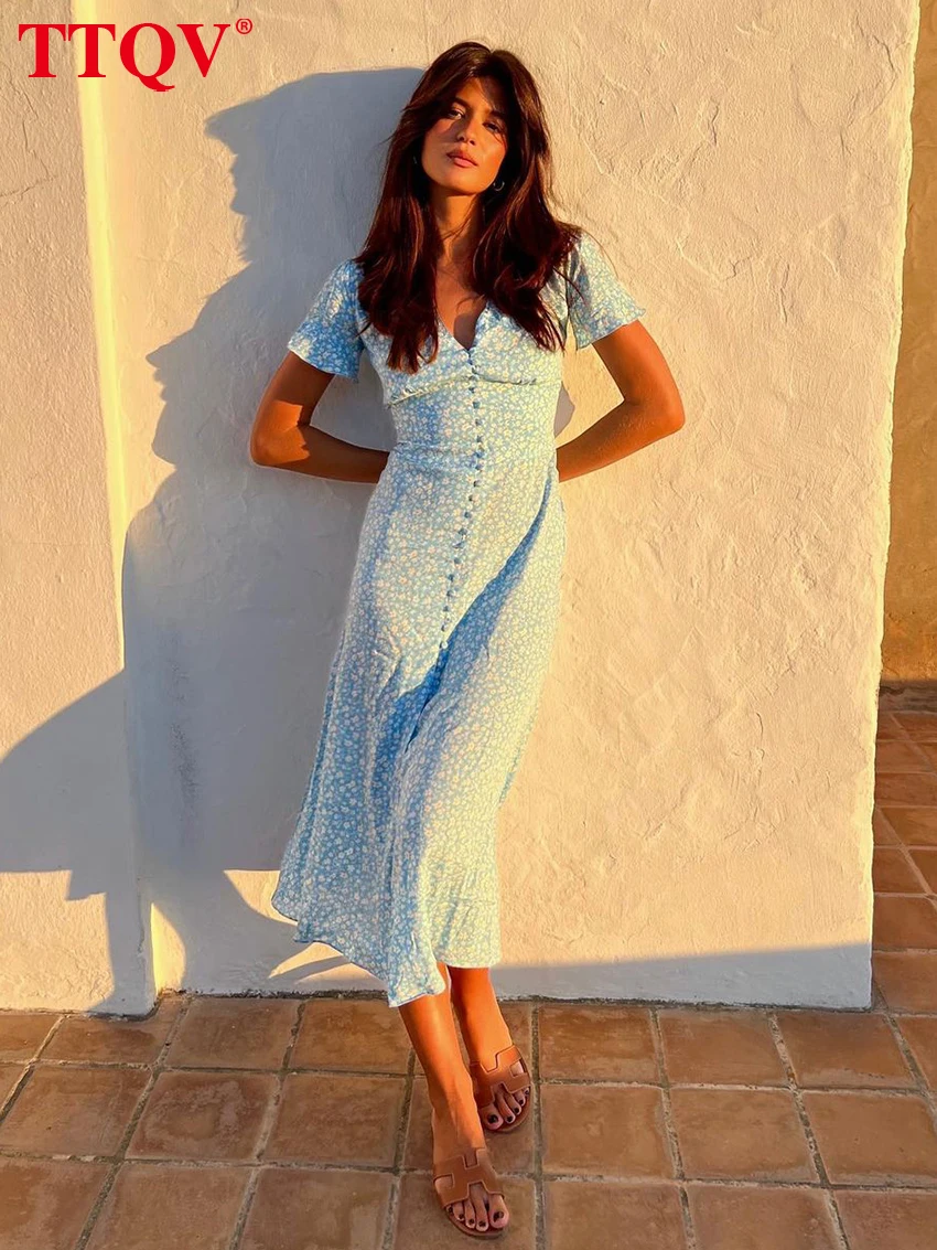 

TTQV Sexy Slim Print Women's Dress 2026 Summer V-Neck Short Sleeve Midi Dresses Lady Elegant Classic Female Dress Steetwear