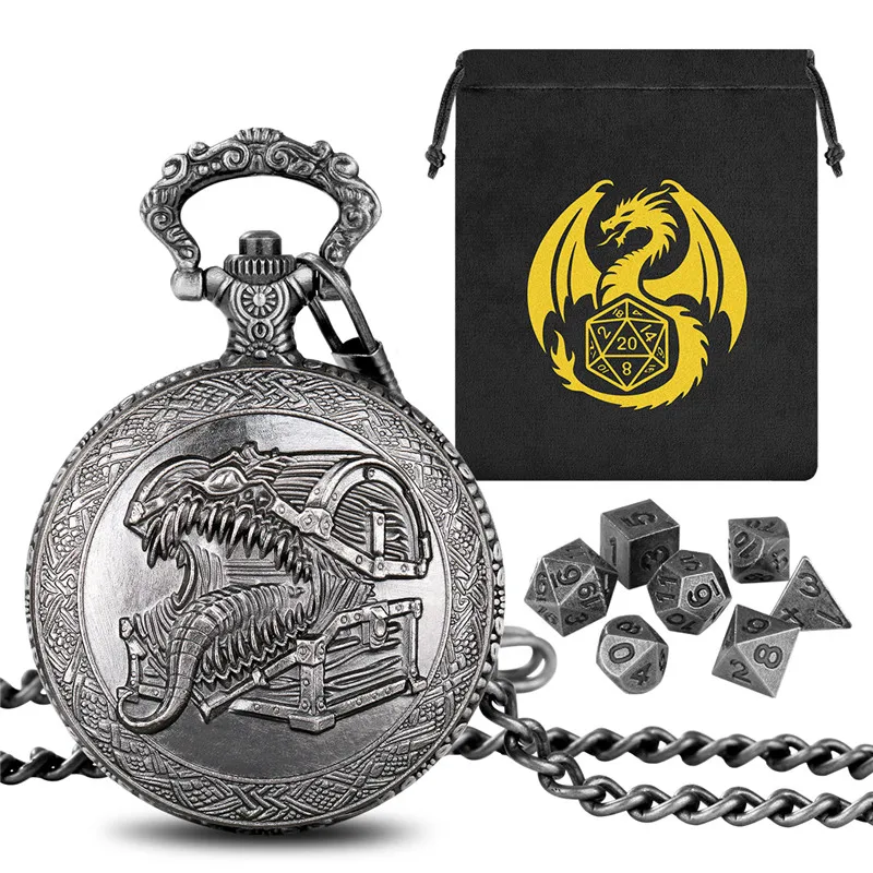 

Steampunk Tongue Treasure Chest Pocket Watch Shell Case 7pcs/set Metal Mini Size Polyhedral Dice RPG Accessory with Gift Bag