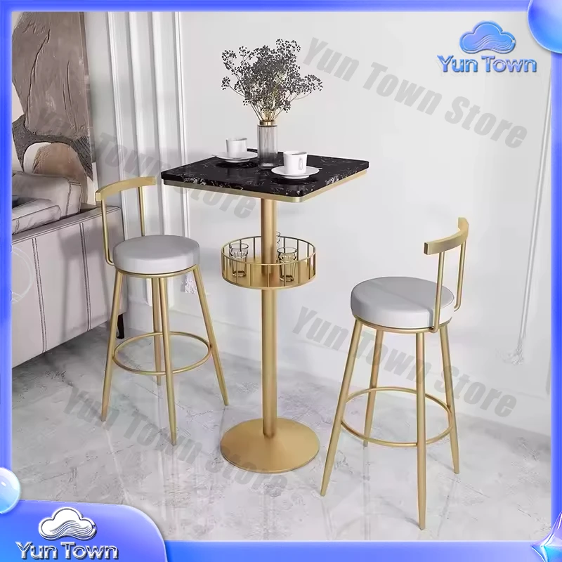 Modern gold metal bar table set with white marble top and 2 grey stool adjustable backrests for outdoor hotel dining