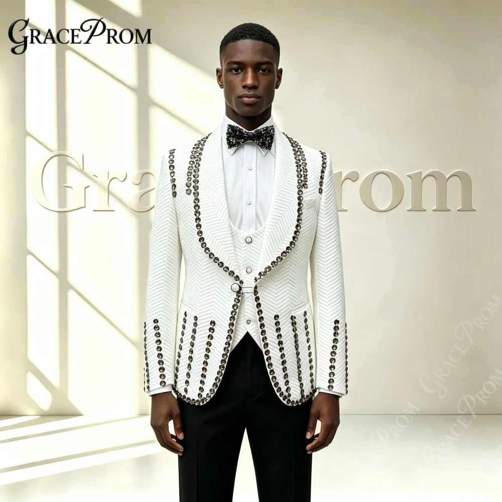 Stylish Rhinestone Men Suits 2027 3PCS Wedding Groom Sets Man Shawl Suit Set Banquet Prom Party Wear Crystal Embellished Tuxedo