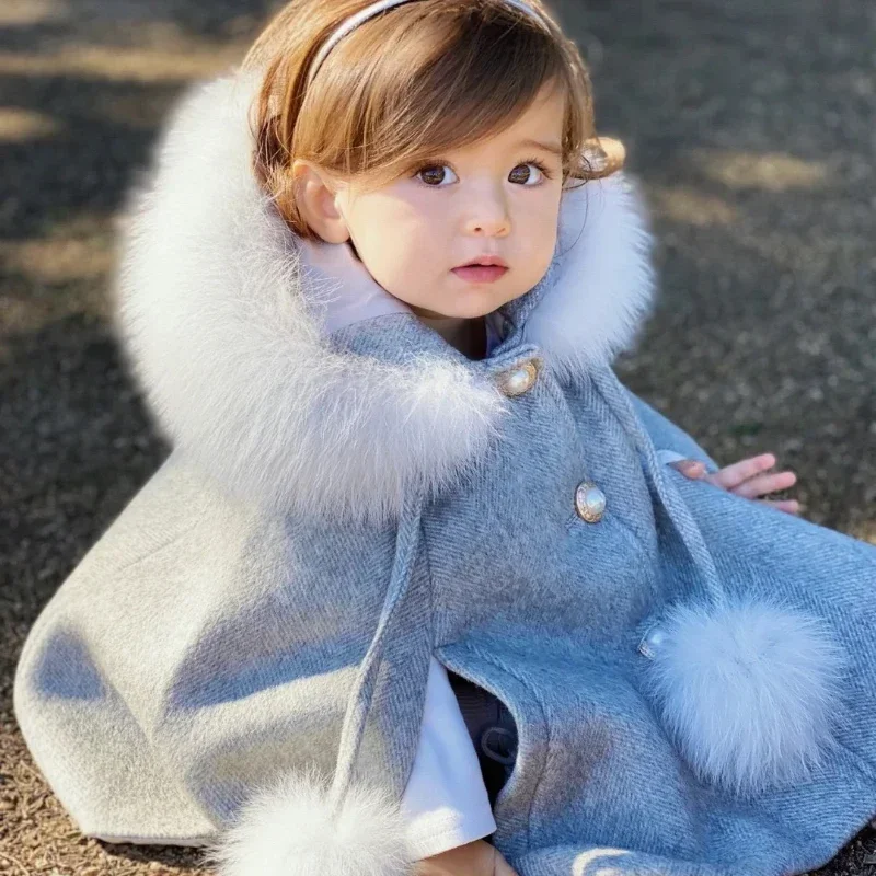 Winter Girls\' Wool Cape Fox Fur Collar Cloak Coat Children\'s Princess Baby New Years Woolen Shawl Christmas Clothes for Girls