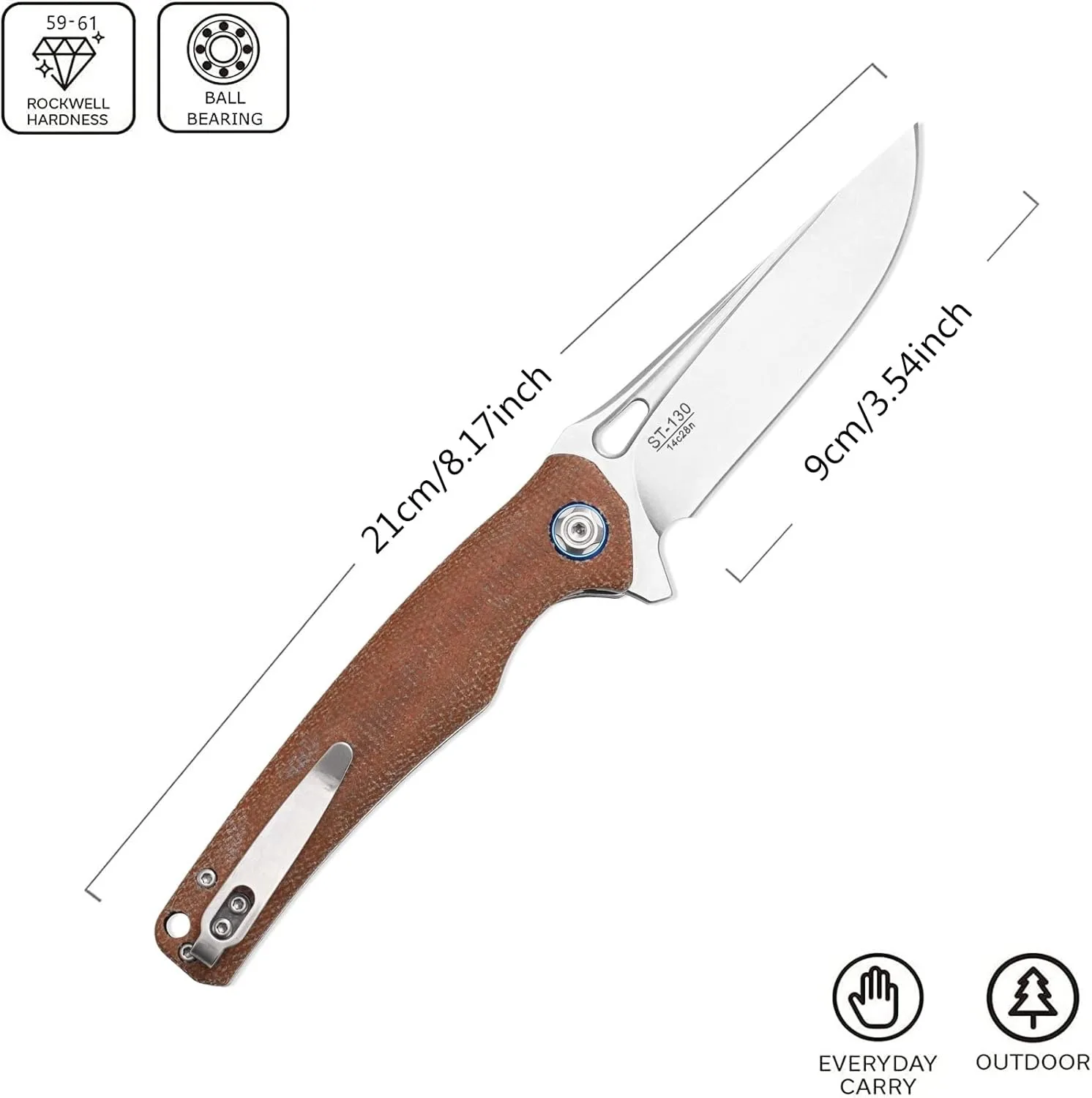 Sitivien ST130 Folding Knife 14C28N Steel and Micarta Handle EDC Tool Knife  for Outdoor Camping Hiking Survival