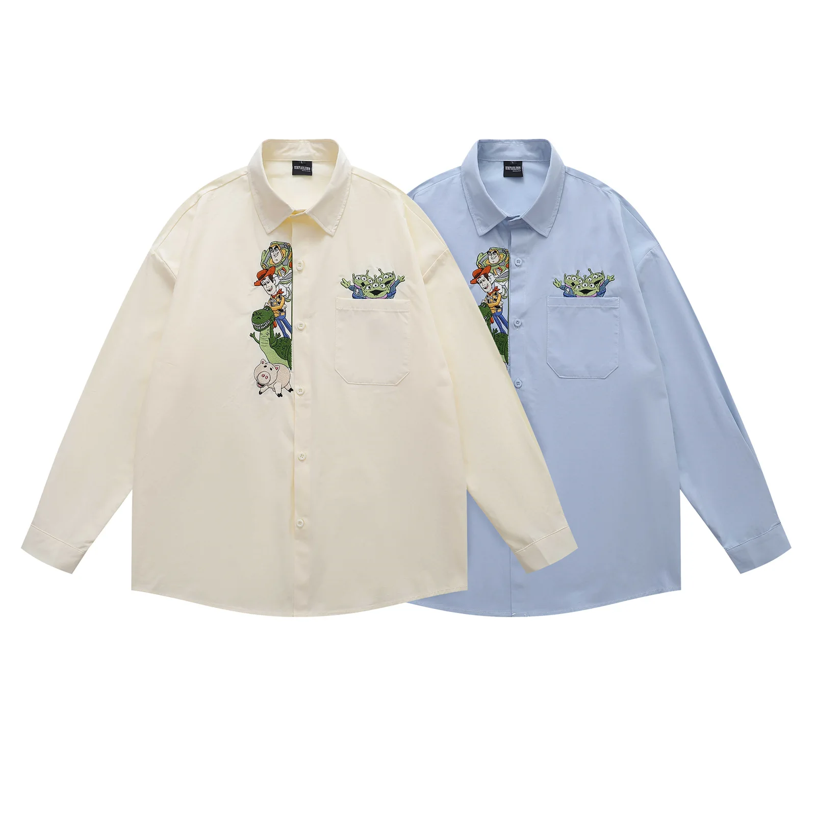 American Retro Cartoon Embroidered Long Sleeve Shirt for Men and Women 2025 Autumn Oversize Couple Casual Shirt Jacket