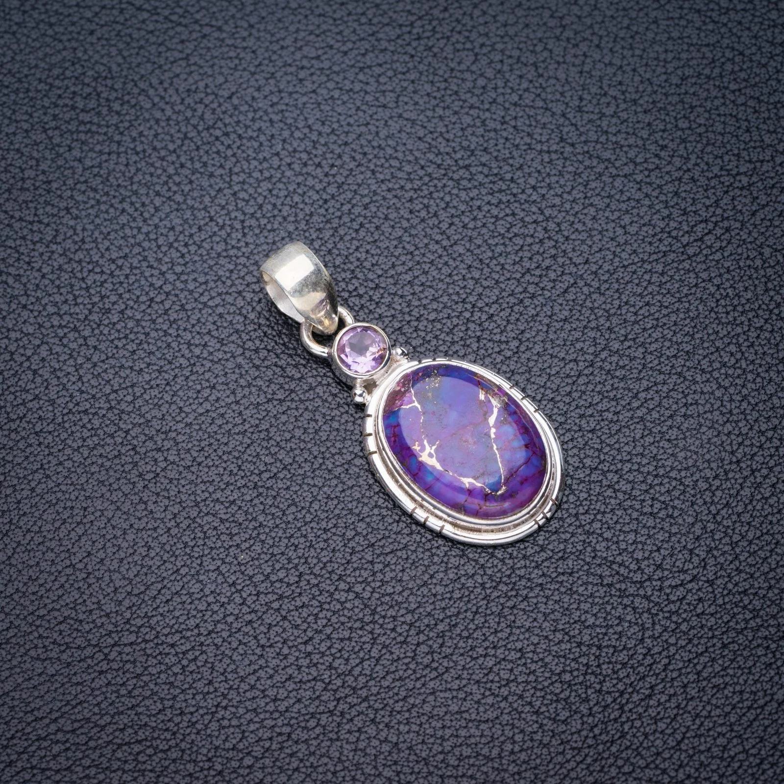 

StarGems Natural Copper Turquoise Amethyst Handmade 925 Sterling Silver Pendant 1.5" E4546