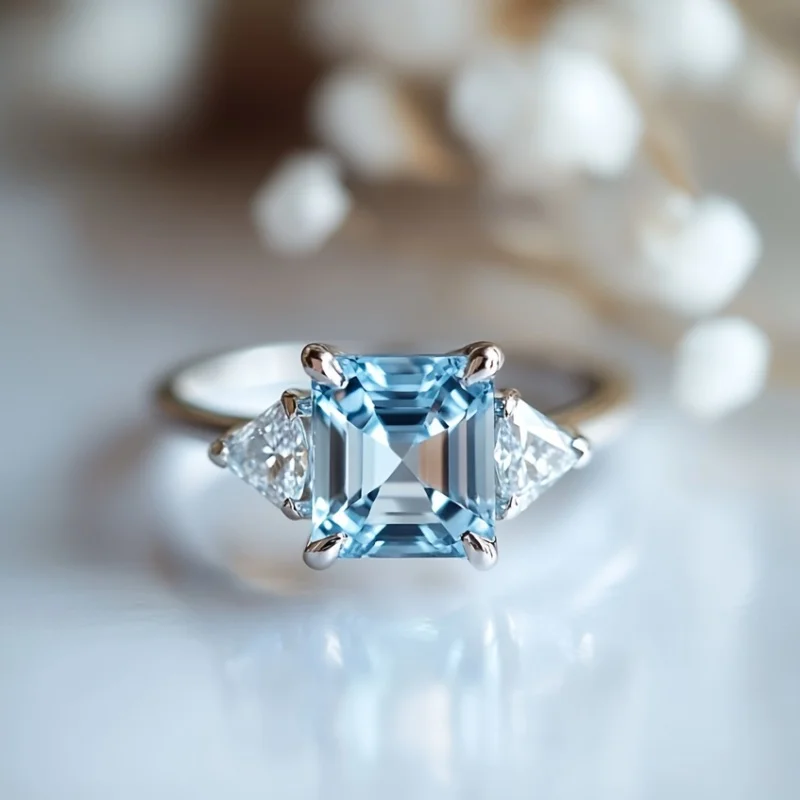 SGARIT 925 Sterling Silver Ring Asscher Cut 8x8mm 2.5ct Light Blue Topaz Natural Crystal Gemstone Fine Jewelry for Women Gift