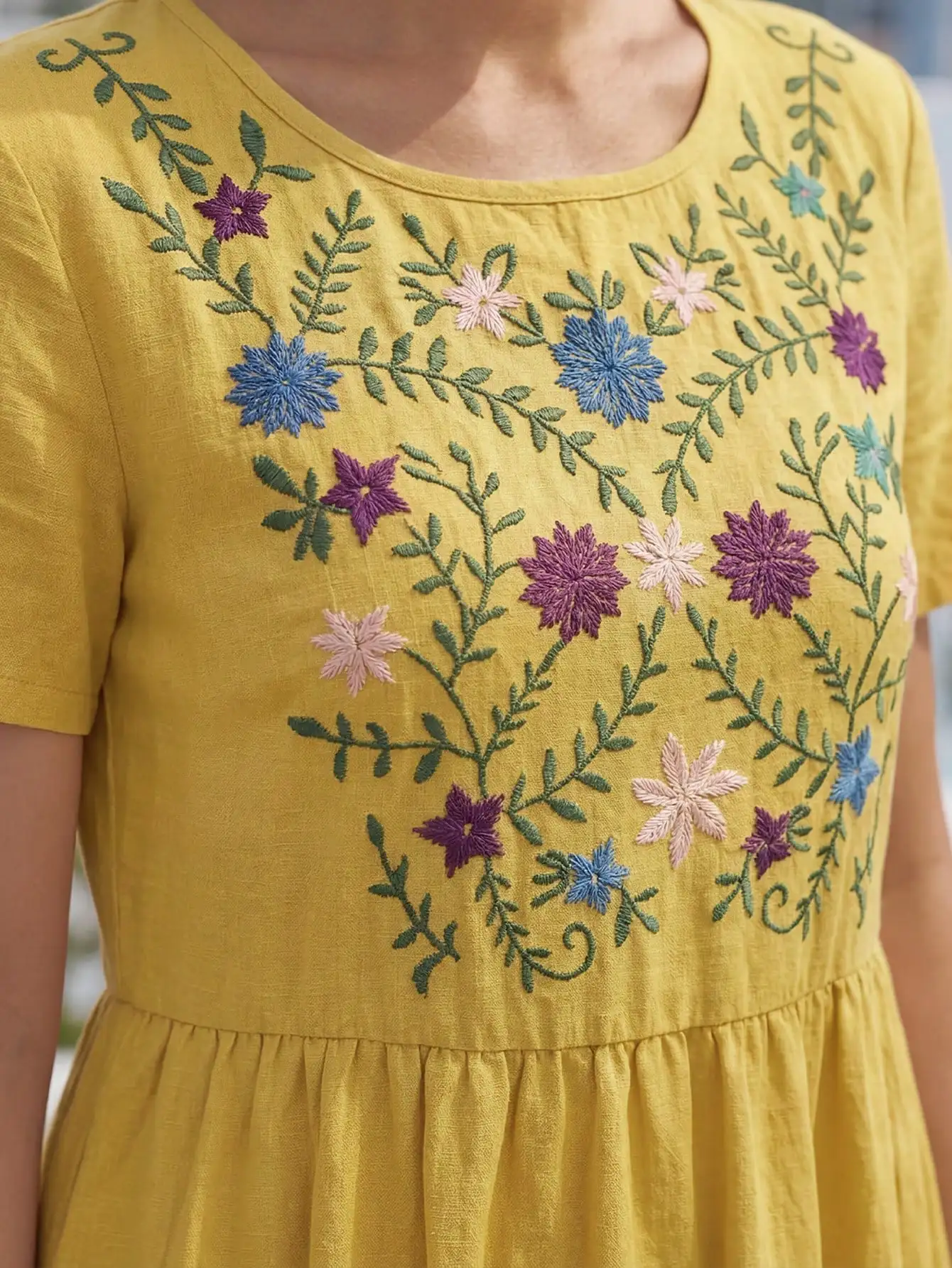 

Womens Yellow Floral Embroidered Short Sleeve Round Neck Casual Midi Dress