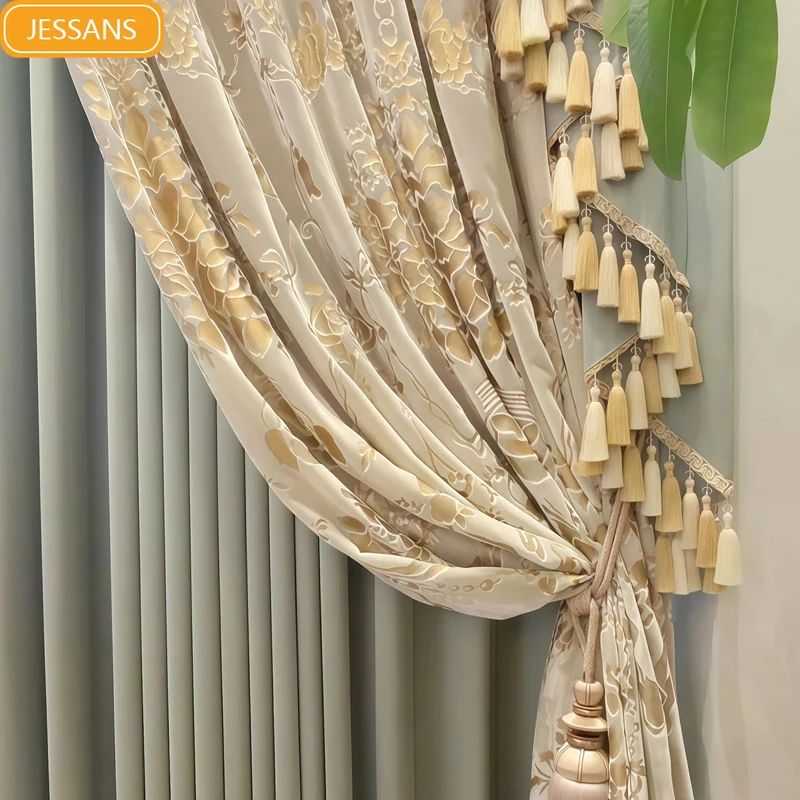 

Green Velvet Embroidered Curtains Double-layer Blackout Curtains for Living Room Bedroom French Window Villa Customization