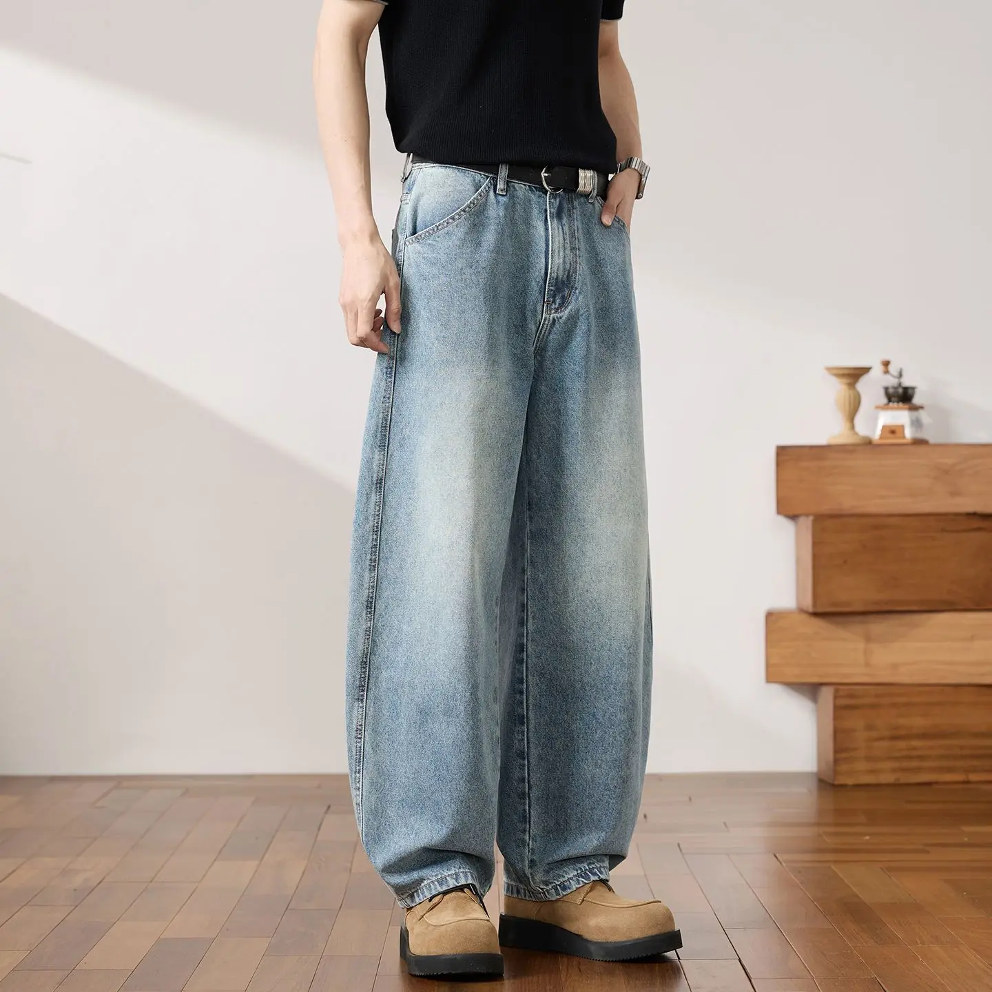 American Retro Washed Wide-Leg Jeans for Men, New Autumn Trendy Loose Low-Waist Straight Long Pants, Versatile Men's Blue Pants