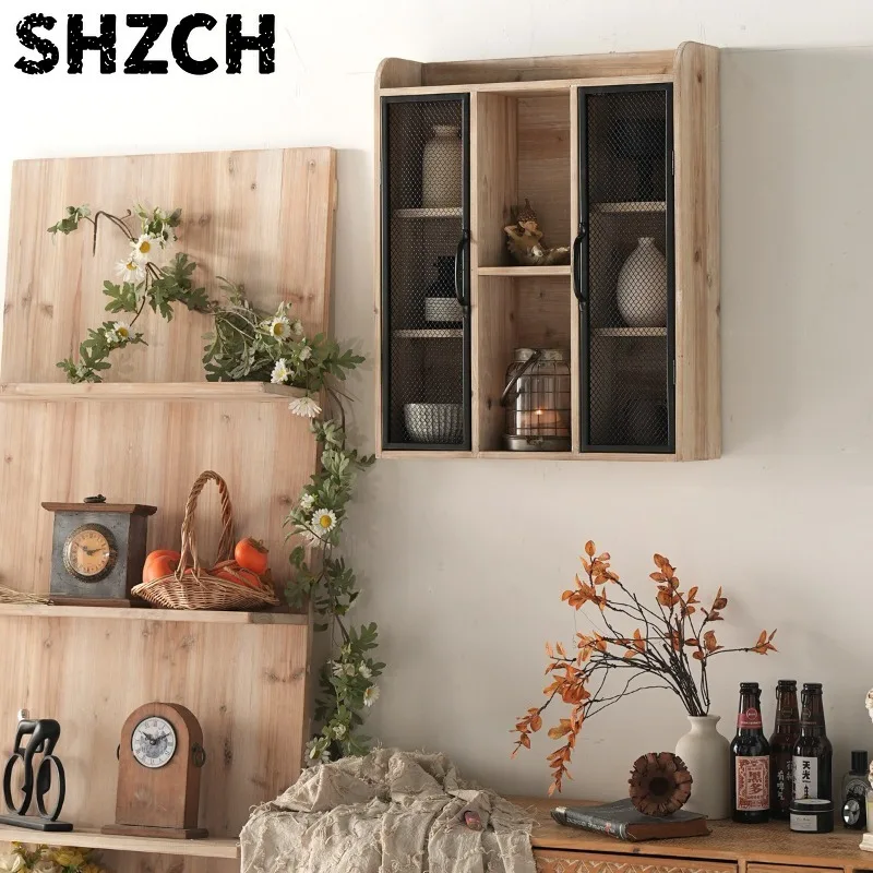 Wabi-Sabi Industrial Display Cabinet Vintage Floating Storage Rack Cafe Decorative Wall Shelving Living Room Ornament Storage
