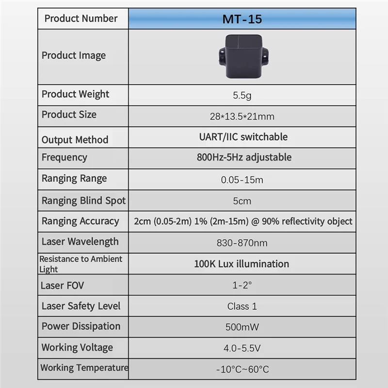 Moduł MT-15 15-metrowy laserowy czujnik odległości APM/PX4 do dronów, wyznaczanie wysokości i unikanie przeszkód - [Qahk]