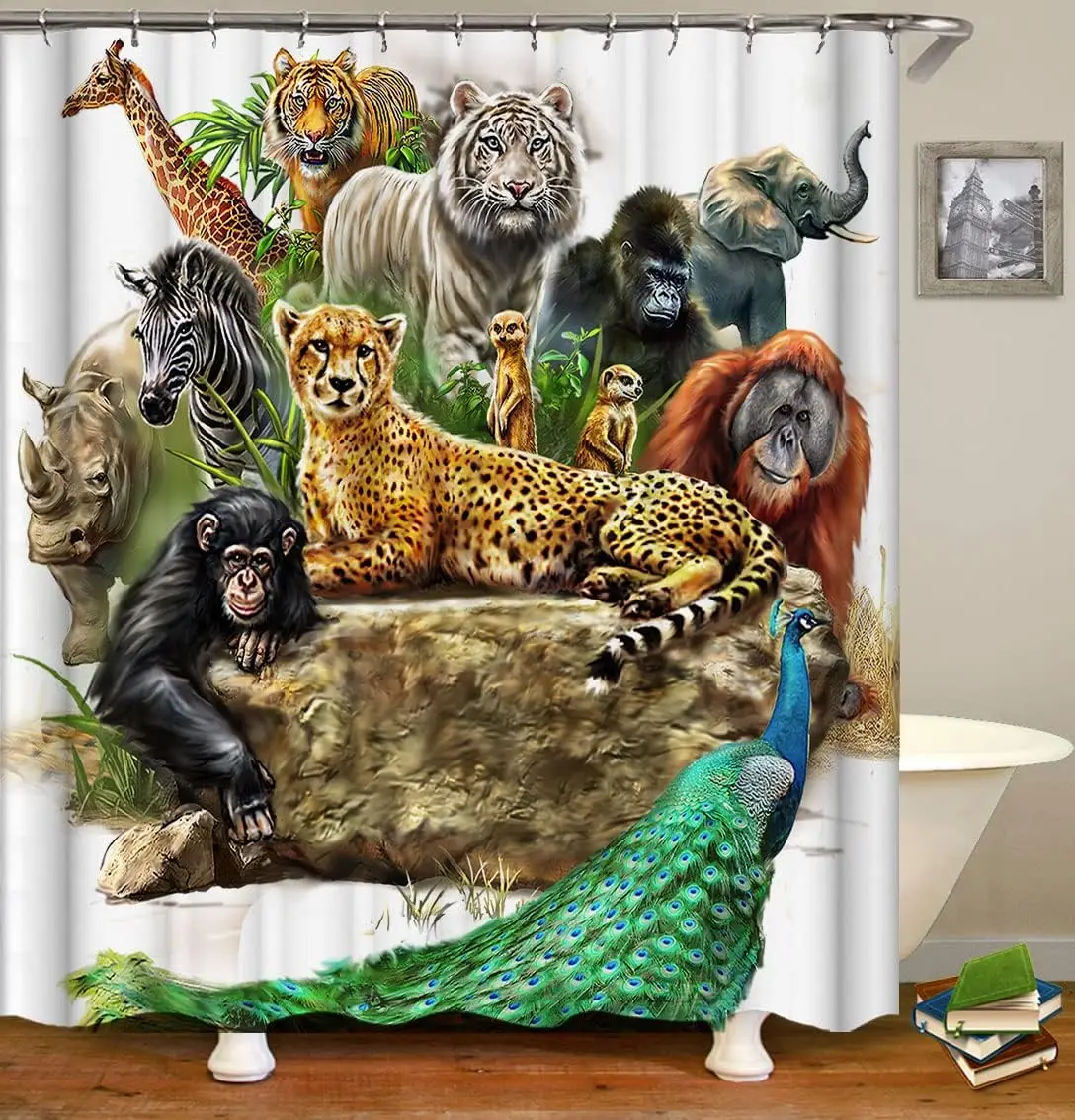 Shower Curtains, African Wild Animals Mighty Lion Tiger Etc Animal Collection Decoration Bath Curtain