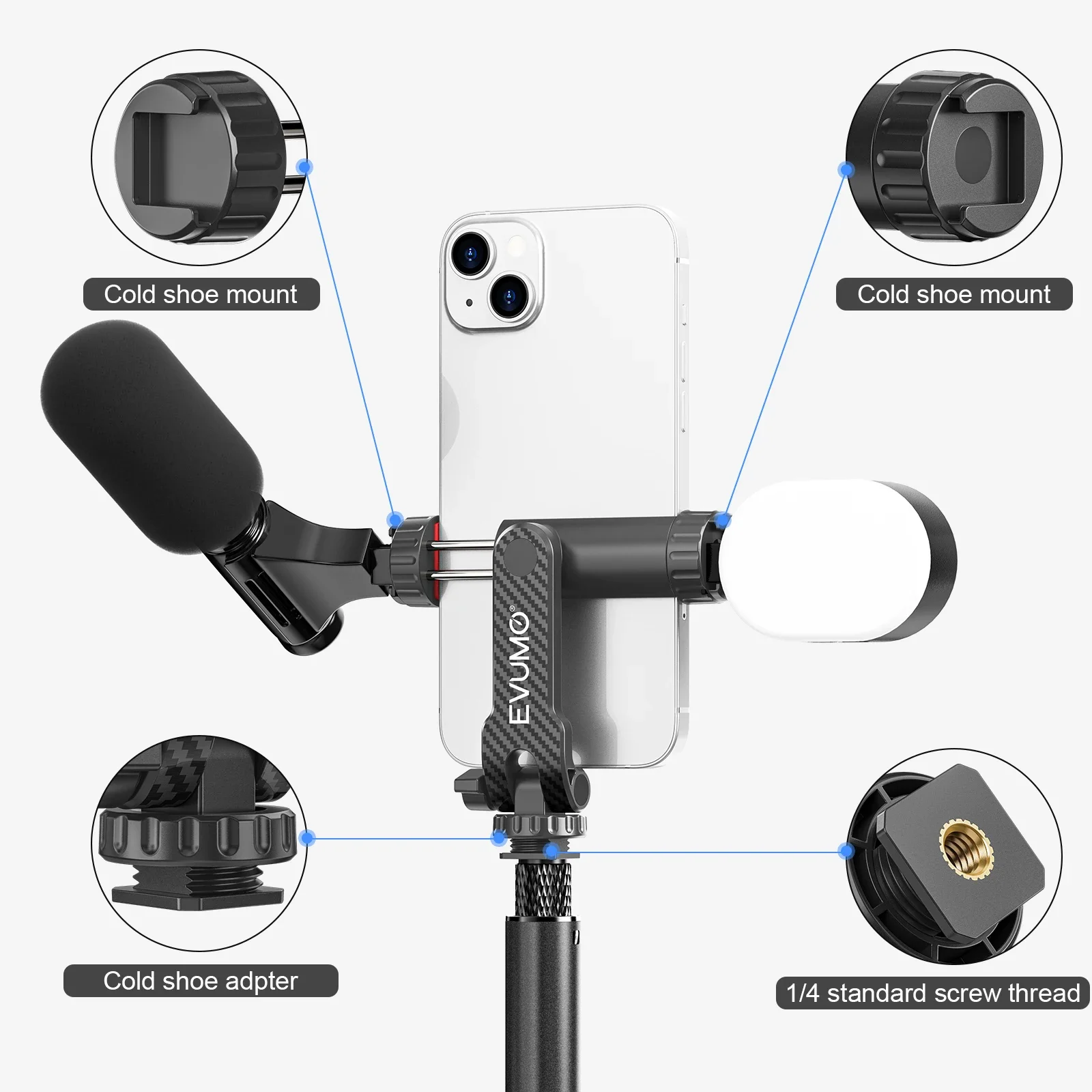 EVUMO Portable Swivel Phone Clip Multi-function Phone Accessories Monitor Fill Light Tripod Clip Compatible for Cellphone iPhone