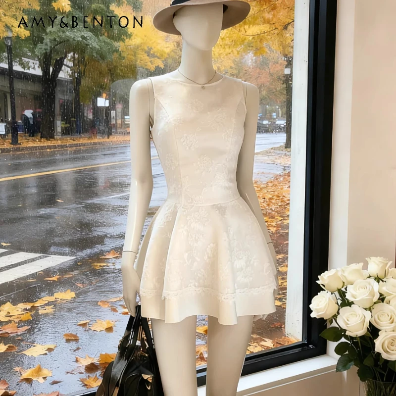 

French Design White Lace Sleeveless Women's Vests Dress 2026 Spring Summer New Sweet Temperament A-line Short Dresses Ladies