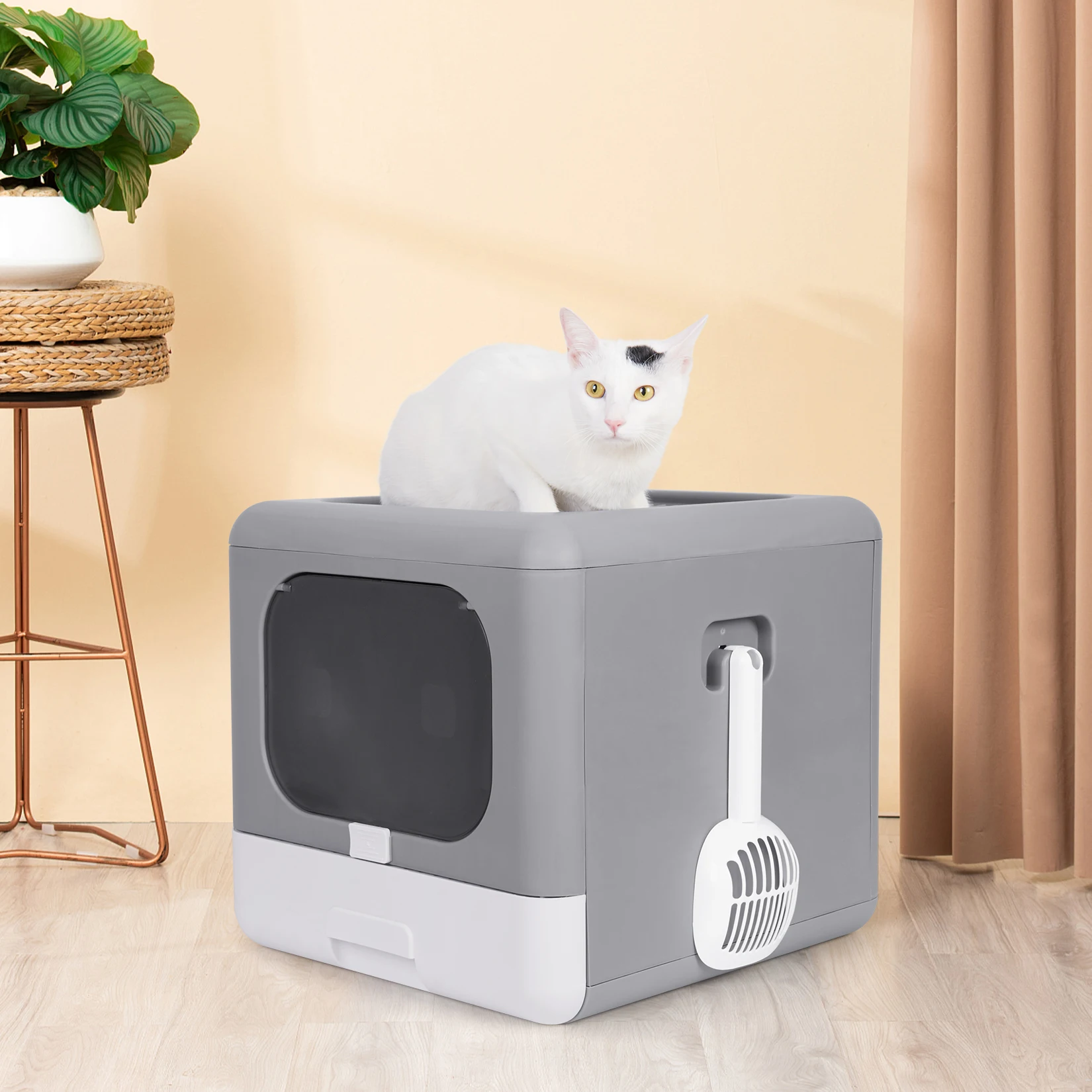 

Modern Cat Litter Box Cat House Furniture Detachable Kitten Cat Potty Top Front Entry Portable Scoop Drawer