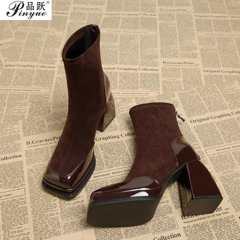 Square Toe Women Ankle Boots Suede High Heels Fashion Shoes Chunky Motorcycle Boots Trend Winter New Pumps Botas Short boot35-40