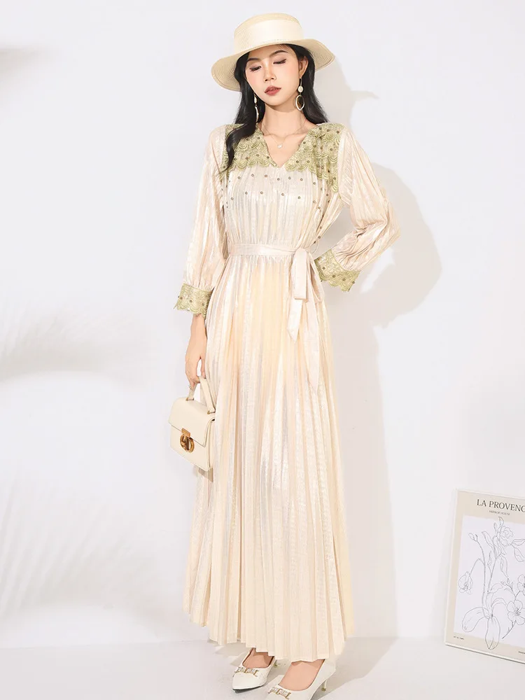 High Quality Pleated Lace Up Dresses Spring Women Long Sleeve V Neck Loose Dress Autumn High Waist Patchwork Ankle Length Dress