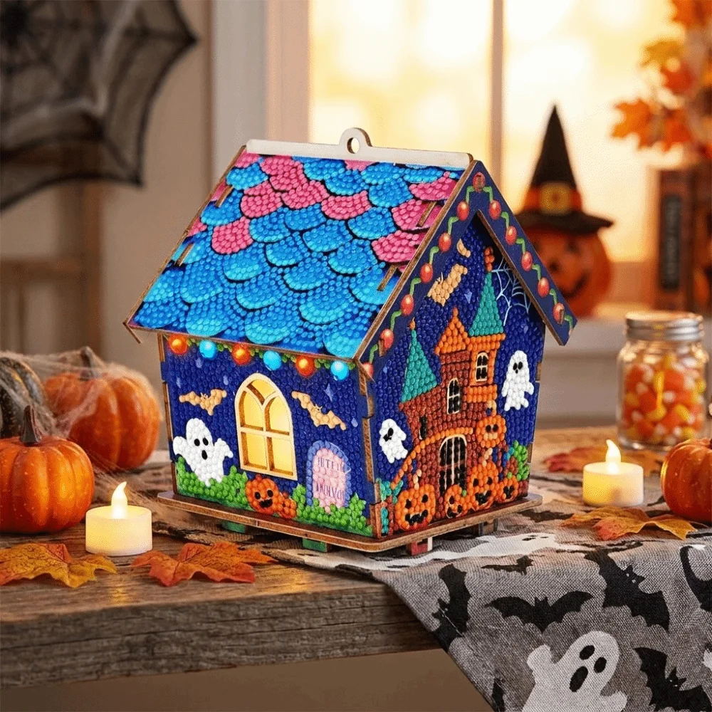 3D Wooden House Halloween Rhinestone Painting Kit Spooky Cute DIY Craft Kit Ghost Pumpkin Pattern Pearl Art Handmade Craft Set
