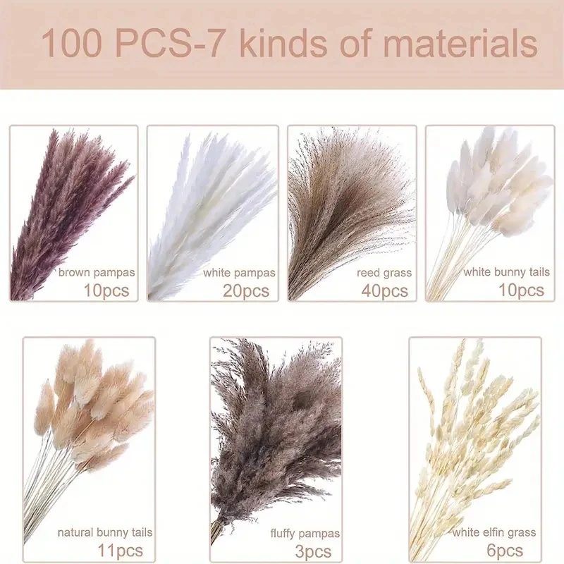 Fofo Seco Pampas Grama, Branco Reed Bouquet, Pequenas Flores Rabbittail, Quarto Boêmio, Casa, Quinta, 17,3 Polegadas, 120Pcs