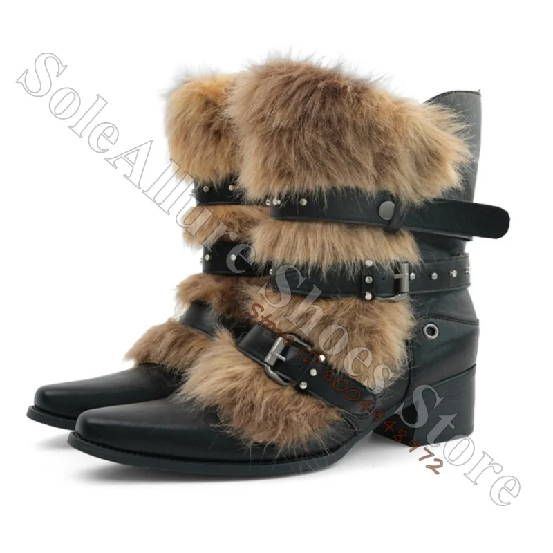 Black Leather Mid Calf Winter Boots Women Brown Faux Fur Multi Strap Rivet Buckle Pointed Toe Block Heel Punk Warm Casual Boorts