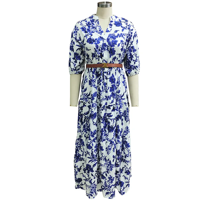 빈티지 배색 프린트 루즈 맥시 드레스 우아한 V넥 반팔 플리츠 드레스 우아한 여름 신상 여성 이브닝 드레스