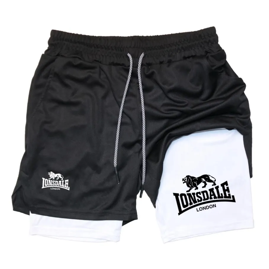 Print 2 In 1 Hardloopshorts Voor Heren Gym Workout Compressieshorts Met Telefoonzakdoeklus Zomersport Atletische Activewear