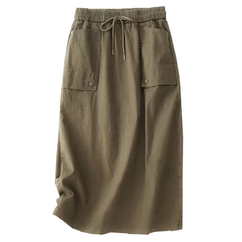 2025 neue Röcke Frauen Mode Frühjahr Sommer Große Tasche Midi Elegante Hohe Taille Weibliche Röcke Casual Elastische Wilde Damen Röcke