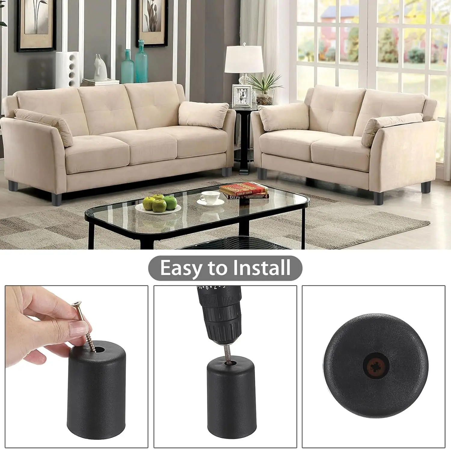 4 قطع من أرجل الأثاث البلاستيكية مقاس 3 بوصات، أرجل أريكة بلاستيكية، أرجل الأريكة، مجموعة استبدال أقدام الأريكة، ساق كرسي مستديرة سوداء