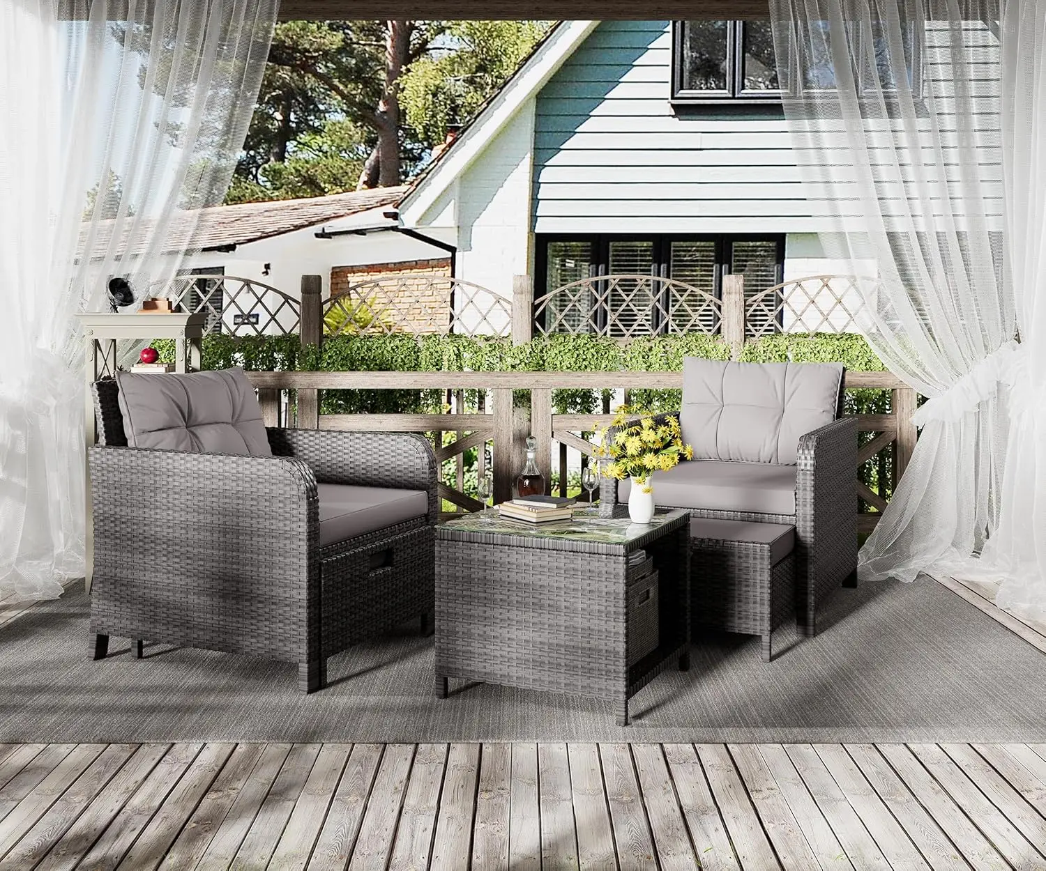 5 Piece Patio Conversation Set, PE Wicker Rattan Outdoor Lounge Chairs with Soft Cushions 2 Ottoman&Glass Table for Porch