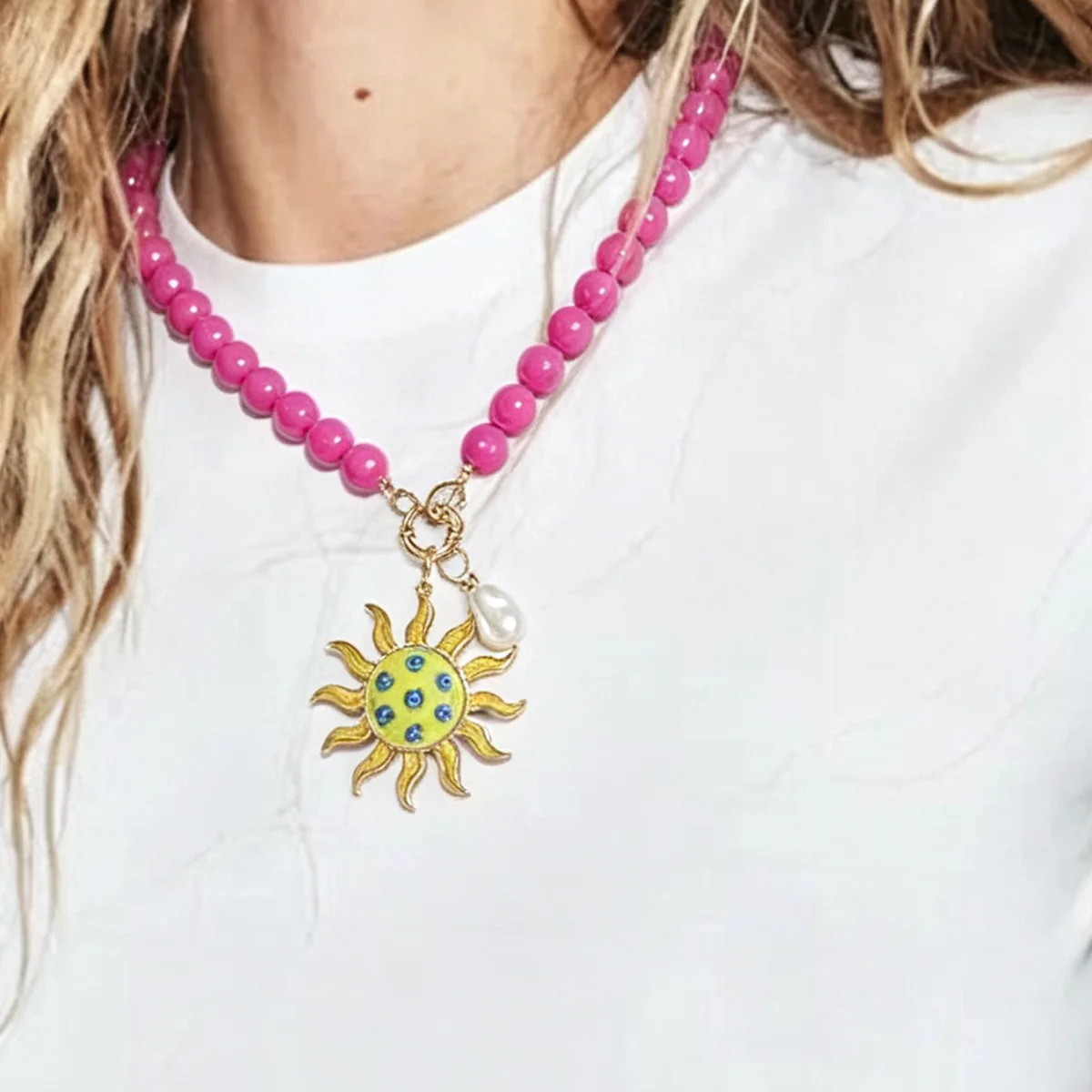 Y2K Chunky Beaded Necklaces For Women Sun Pendant Necklace Beads Statement  Summer Beach Jewelry Gift