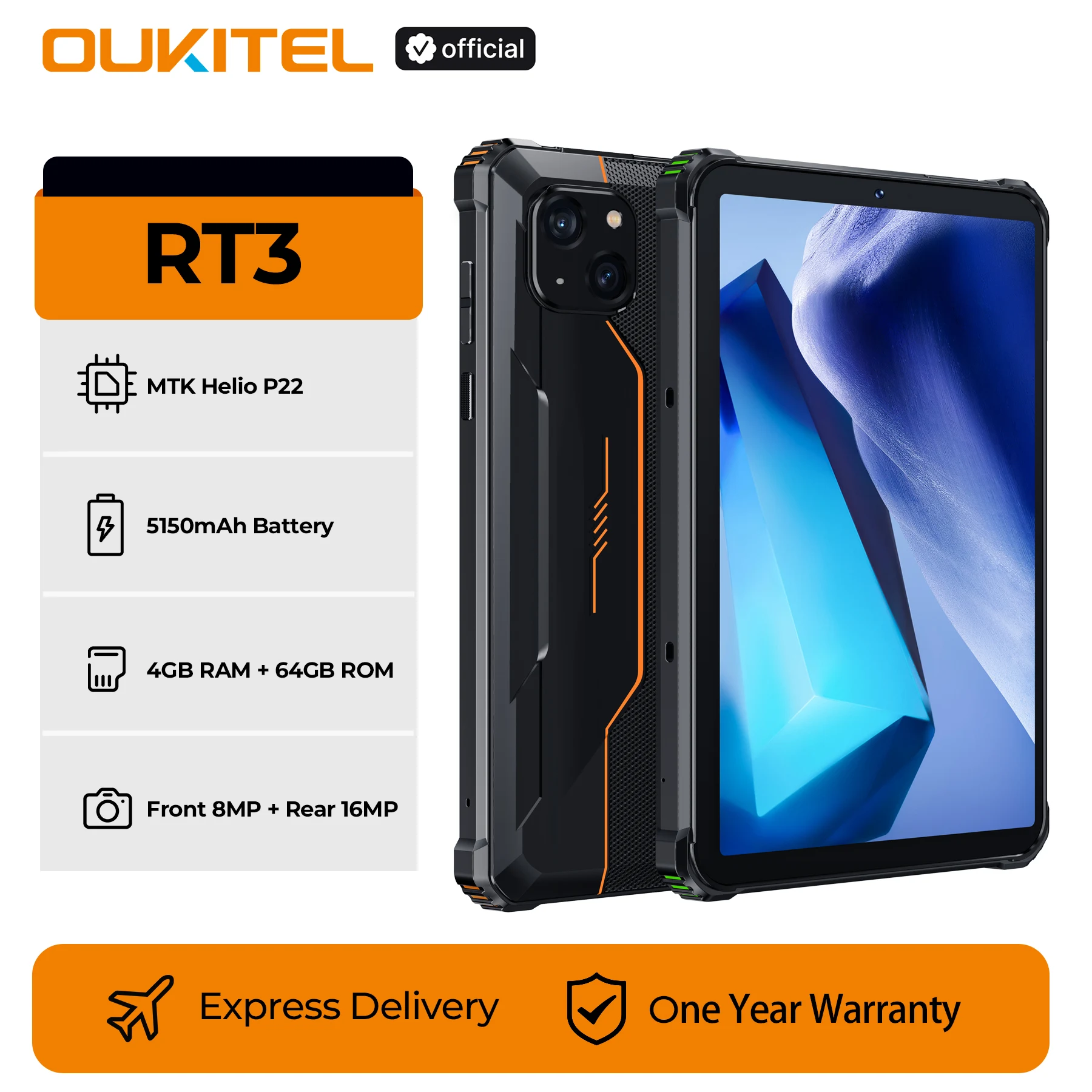 Oukitel RT3 tablette robuste 8 pouces HD + 5150 mAh 4GB + 64GB Android 12 Mtk Helio P22 16MP caméra Pad
