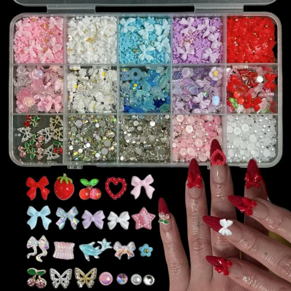 

1Box Multiple Colors Ribbon Bbow Flower Resin Nail Art Charms Transparent Moon Conch Alloy Butterfly Nail Decorations DIY Nails