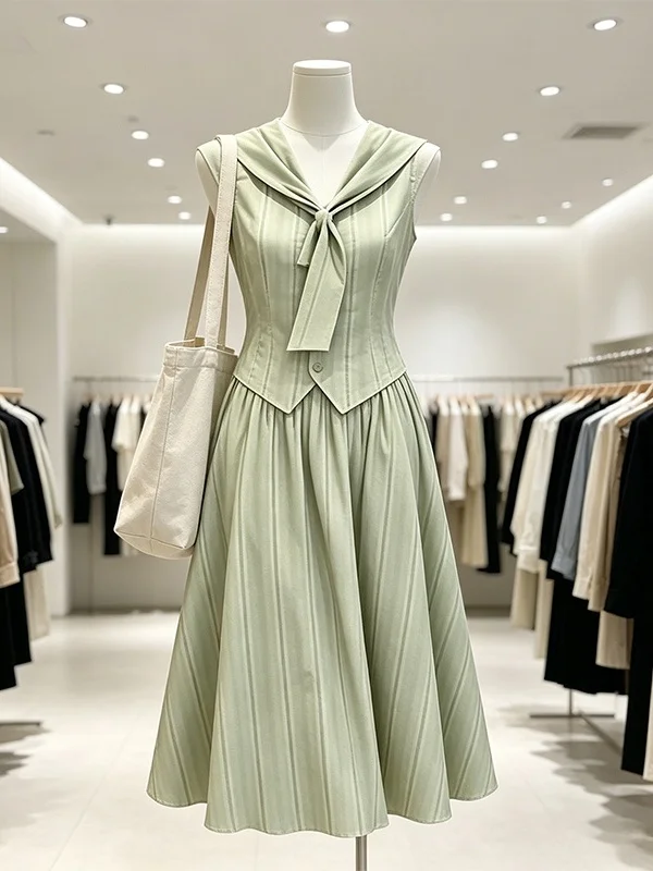 

Large Size Women's Summer New Style Lace Navy Collar A-Line Skirt Set High Waist Long Skirt Commute Korean Style Fashion