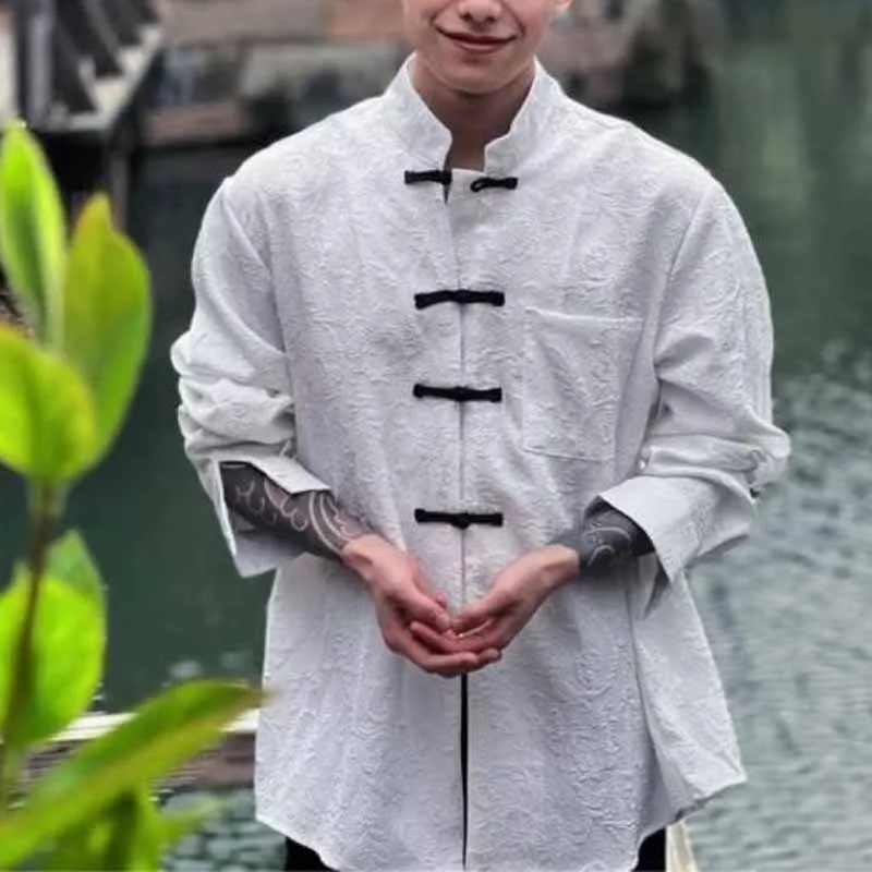 Mandarin Collar Frog Button Long Sleeve Jacquard White Loose Casual Tea Zen Top with Pocket Men Chinese Style Tang Suit Shirt
