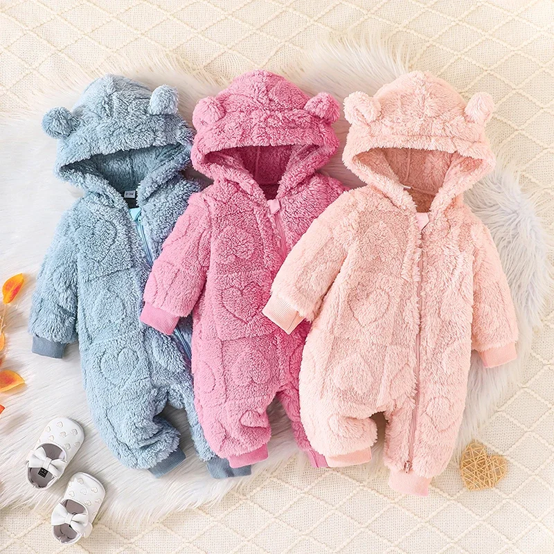 

Baby Girls Winter Romper Solid Color Plush Fleece Zipper Hooded Long Sleeve Jumpsuits for Newborn Infant Toddler Clothes