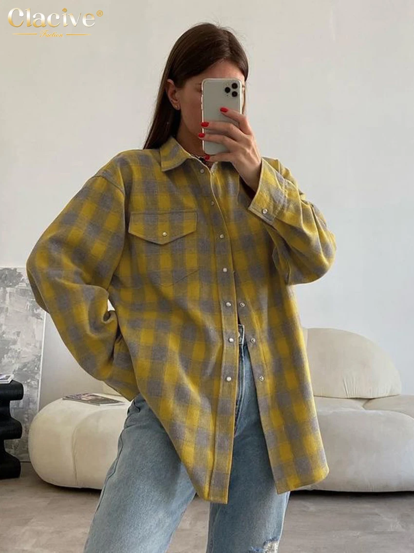 Clacive Vintage Loose Plaid Women\'S Blouse 2023 Elegant Lapel Long Sleeve Shirts And Blouses Casual Pocket Oversize Top Female