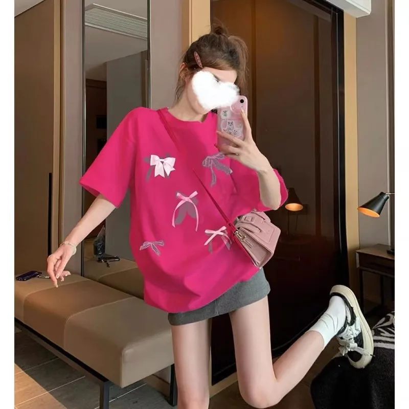 

Shirts Y2k Top Oversized T Shirt 2025 New Chci Solid Bow Pink Loose Tees Women