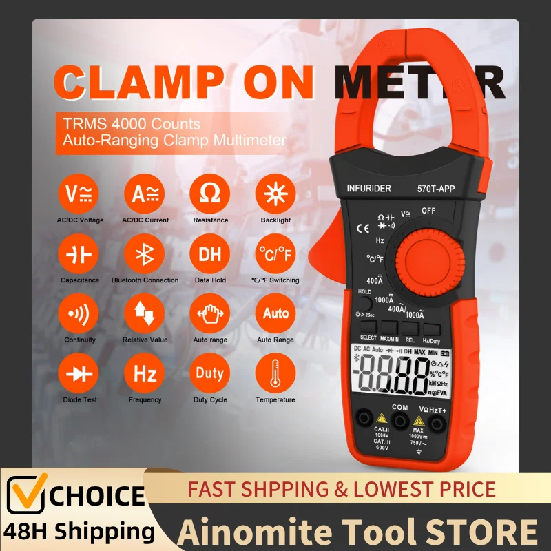 

570T-APP Bluetooth Clamp Multimeter 4000 Counts Auto-Ranging Multimeter with DC/AC Voltage & Current, Resistance, Temperature