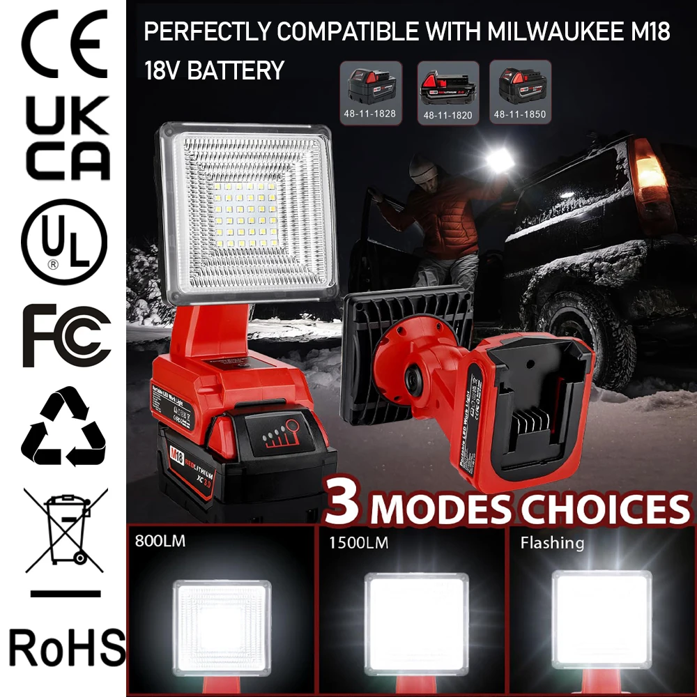 

25W LED Work Light for Milwaukee M18 18V Battery Outdoor Flood Light with 2 USB Port for Jobsite Car Repairing Camping Emergency