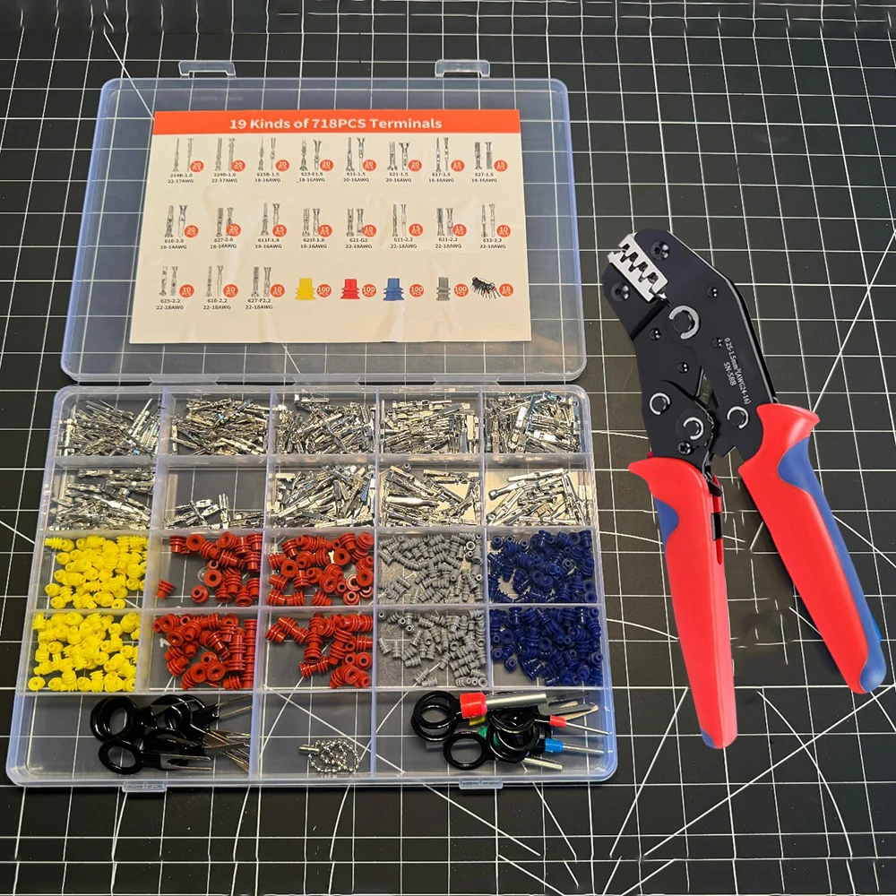 

718 шт., комплект автомобильных штыревых разъемов 1/1,5/1,8/2,2/2,8/3,5 мм, клеммные штифты с обжимными клещами для проводов, набор инструментов для удаления штифтов