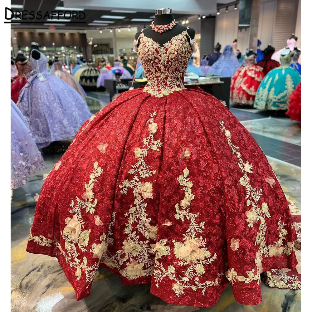 Burgundy Quinceanera Dresses 2023 Flower dress Tulle Beading Off The Shoulder Appliques Lace Up Court Train Ball Gown