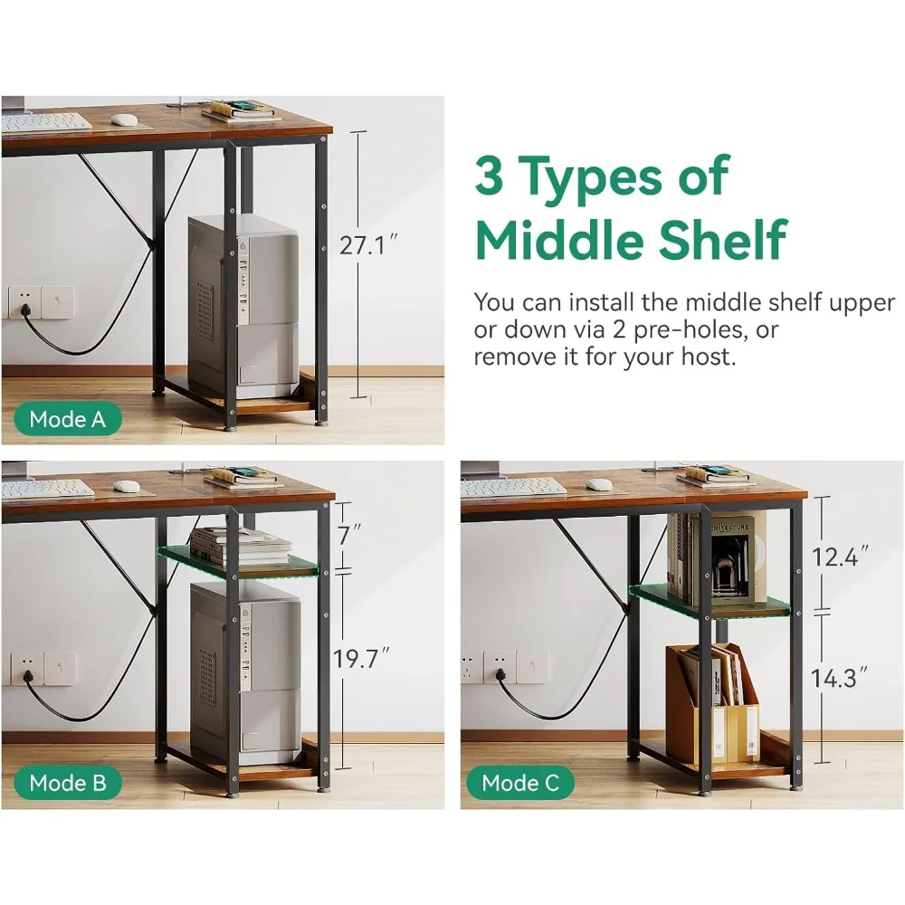 مكتب كمبيوتر كبير مقاس 51 بوصة مع أدراج قماشية، ومنافذ طاقة USB، ومكتب مكتب منزلي قابل للعكس مع أرفف تخزين، مثالي لـ