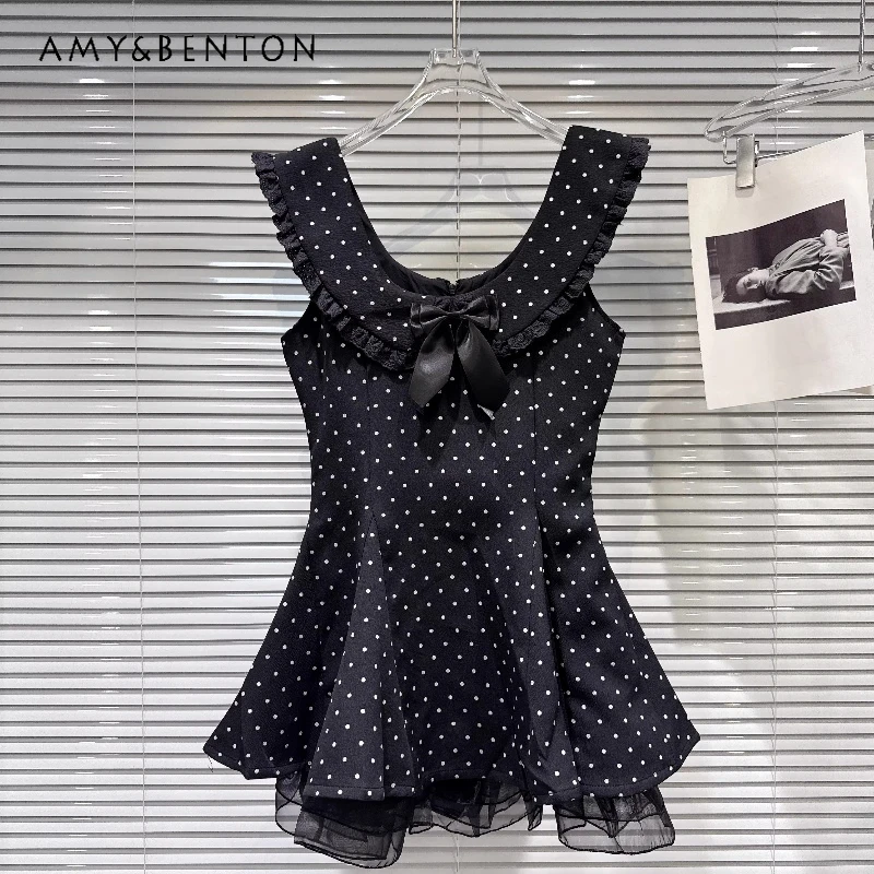 

2026 Summer New Sweet Temperament Doll Collar Women's Clothing Korean Design Black Cute Bow Pin Polka Dot Vest Dresses Ladies