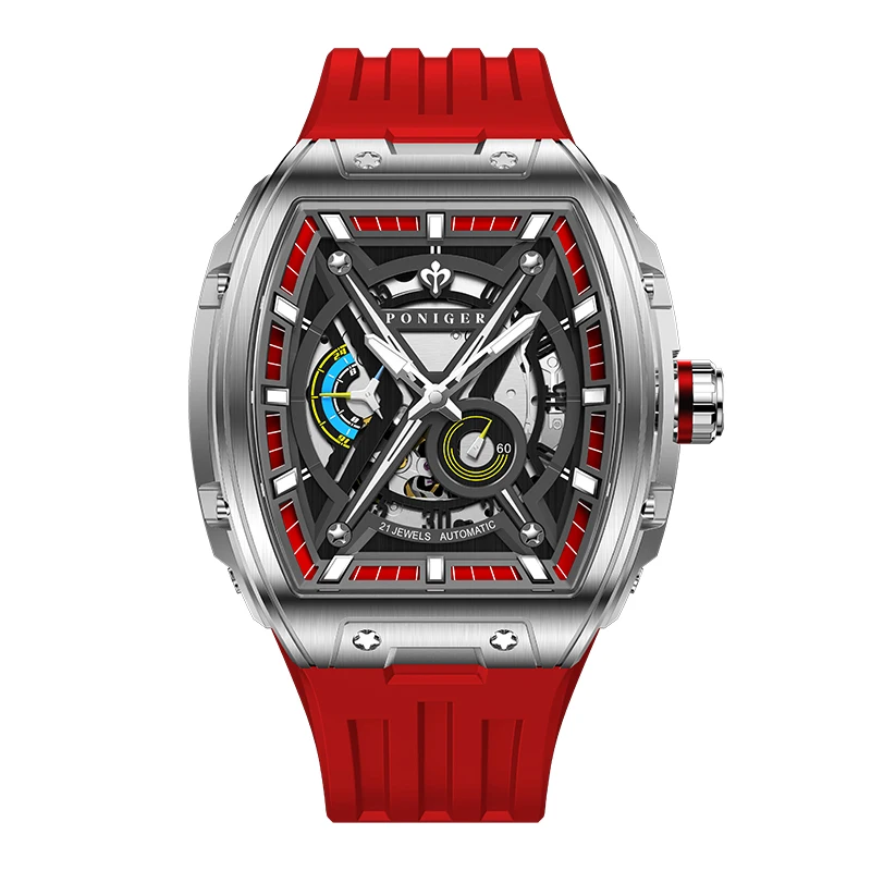 PONIGER Men Automatic Watch 46mm Tonneau Mechanical Wristwatch Sapphire Luminous 5ATM Skeleton Small Second Dial